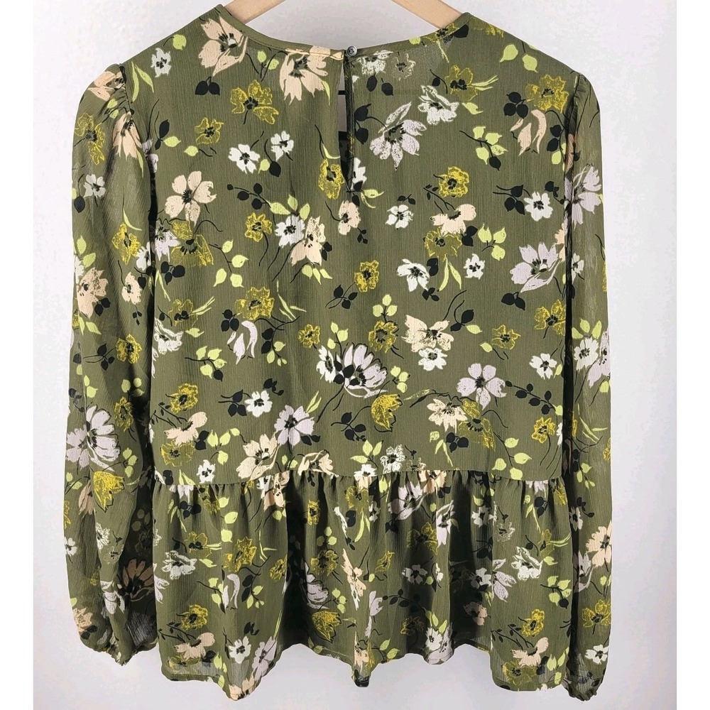 Madewell Floral Peplum Blouse Womens L Olive Green Long Sleeve Boho Romantic - Picture 3 of 7